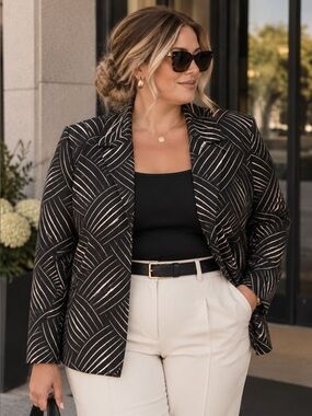 Jones New York Black Cream Abstract Stripe Blazer 22W Plus Size